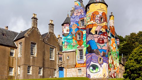 Kelburn Castle covered in colourful graffiti