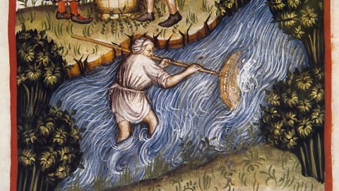 An illustration of someone fishing in a river from a Medieval health handbook