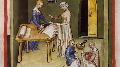 A page from the medieval handbook of health showing women making linen fabric.