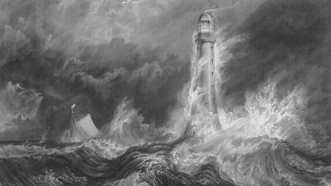 A drawing of the Bell Rock Lighthouse in the middle of a storm