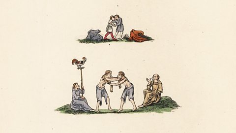 Illustration of medieval wrestling games including prize fight and Hippas