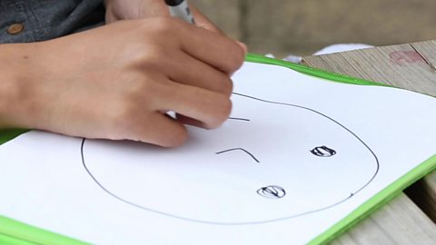 A hand drawing out a face on a sheet of paper.