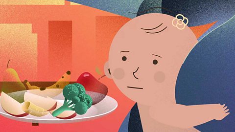 A cartoon baby looking at a plate of fruits and vegetables while gripping their mum's chest.