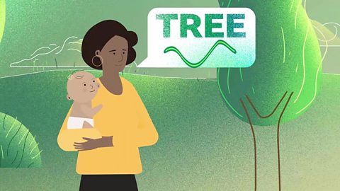 A cartoon of a mum and baby walking past a tree as the mum says the word 'tree' in a speech bubble.