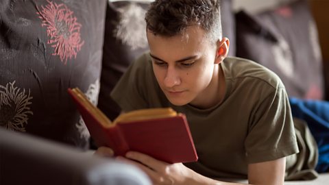 A person lies on a patterned sofa reading a hardback book.