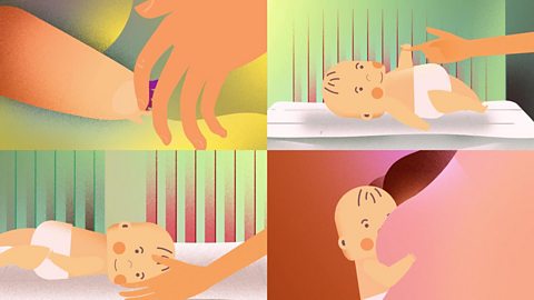 4 images in a grid showing a baby's hand being tickled, a baby grabbing a finger, a baby having their cheek tickled and a baby feeding at mum's chest.