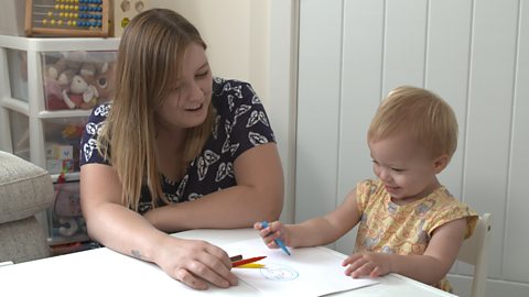 Mum and daughter drawing a face on a piece of paper.