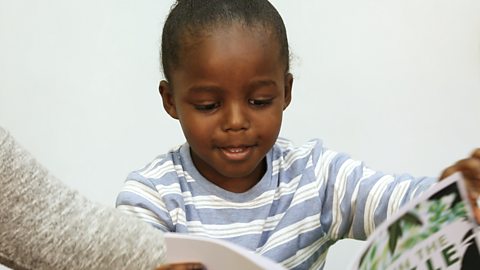 Little boy opening a book.