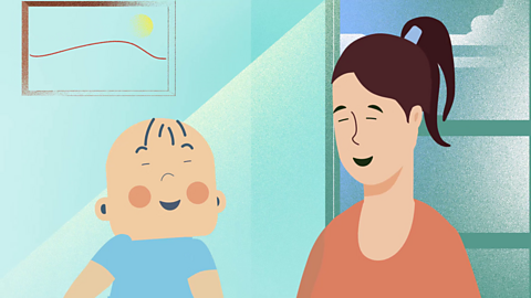 Close up of cartoon baby and mum.