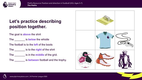 A set of sentences with missing words are shown relating to a grid containing the football associated objects. 