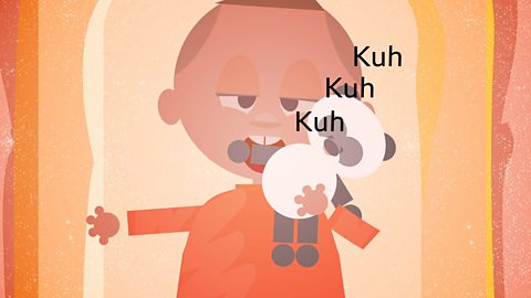 Overhead cartoon shot of a baby holding a toy panda and mouthing the kuh huh sound.