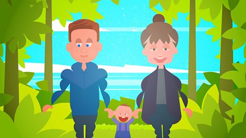 A cartoon mum, dad and baby walking in the woods.