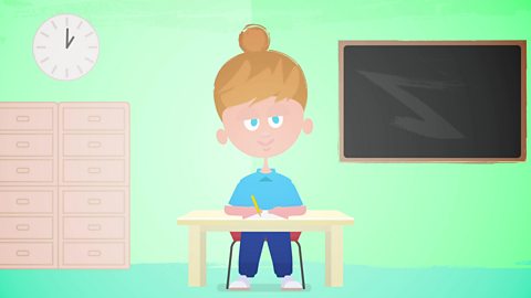 A cartoon child sat in a classroom.