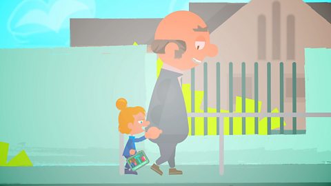 Cartoon of a grandad walking and talking to his granddaughter.