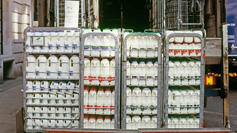 Milk bottles loaded on to a lorry