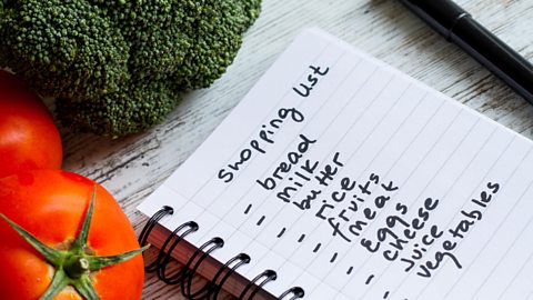 A shopping list written in a lined notebook next to some tomatoes and brocolli  