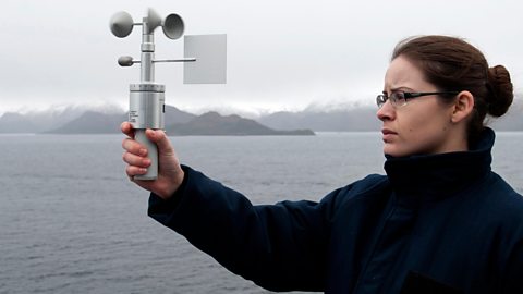 A person holding an anemometer 