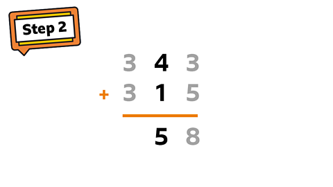 In the tens column: 40 + 10 = 50