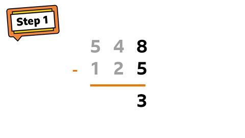 Start from the ones column: 8 - 5 = 3