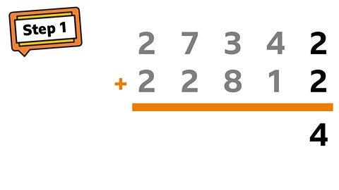 Start from the ones column: 2 + 2 = 4.