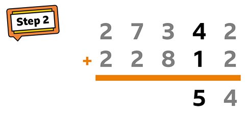 Move to the tens column: 40 + 10 = 50.