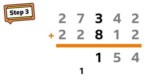 In the hundreds column: 300 + 800 = 1,100. The thousand needs to be carried over into the thousand column.