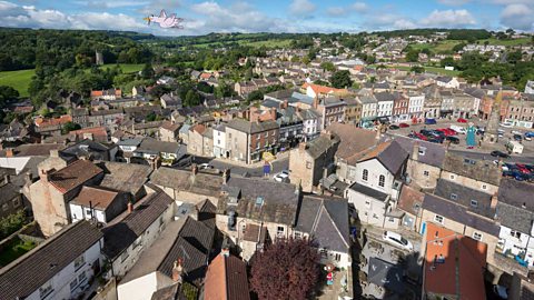 An aerial photograph of a village