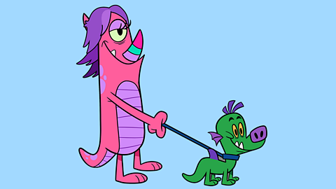 Pink girl monster with one eye and purple hair walking a small green dragon dog.