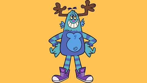 Blue monster with blue and purple arms and legs and yellow eyes.