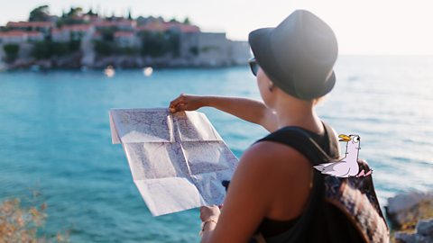 A woman is looking at a map by the seaside