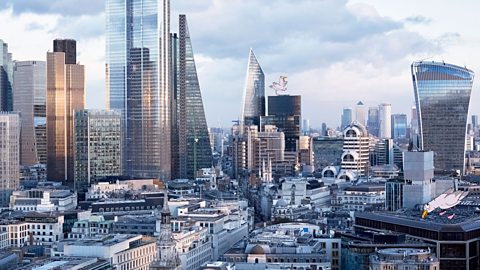 City scape in London financial district with very tall buildings