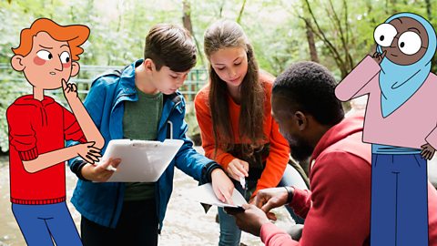 Children are collecting data during fieldwork with their teacher