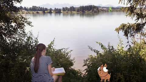 A lady is drawing by a lake