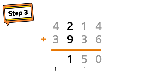 Step 3 sign. 4214 + 3936 with 150 underneath. 1 carried over in the tens column and 1 carried over in the thousands column.