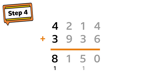 Step 4 sign. 4214 + 3936 with 8150 underneath. 1 carried over in the tens column and 1 carried over in the thousands column.