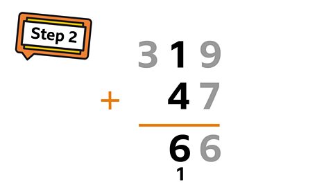 Next move to the tens column. 1 + 4 + 1 = 6. The additional 1 was the one we carried over from Step 1. 