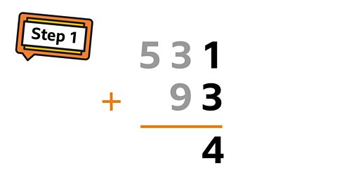 First, start in the ones column. 1 + 3 = 4