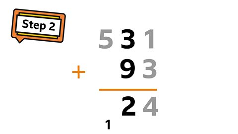 Now move onto the tens column. 3 + 9 = 12. Because the answer is more than 10 we need to carry the 1 into the hundreds column. 