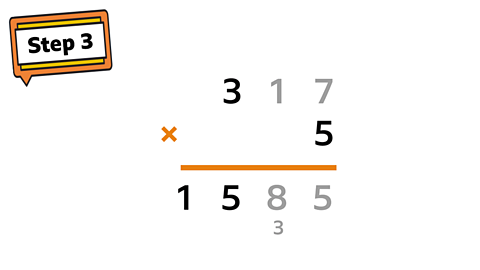 Step 3 sign. 317 × 5. Answer shows 1585.