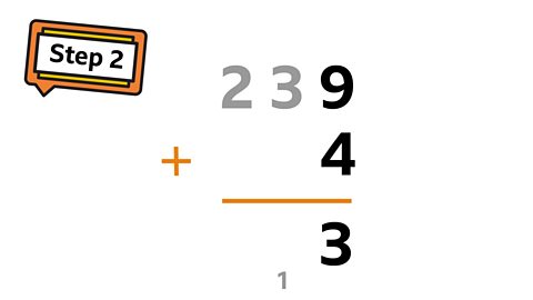 Start in the ones column. 9 + 4 = 13. Because it is more than 10 you will have to carry 1 into the tens column. Mark this with a small 1 underneath the tens column.