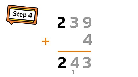 Finally move to the hundreds column. There is only two-hundred with nothing to add to it. 2 + 0 =  2. You have the answer: 239 + 4 = 243. 