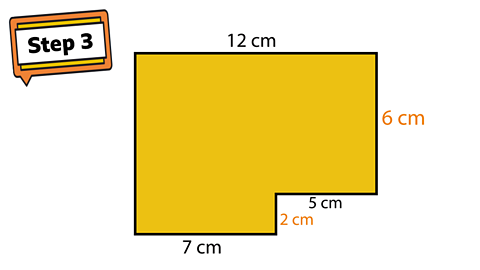 Step 3. A rectilinear shape. Sides show 7cm, 2cm, 5cm, 6cm and 12cm.