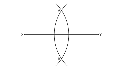 Straight line X-Y with arc of centre Y and arc of centre X. Points where arcs cross above the line are labelled A and below line labelled B. 