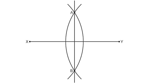 Straight line X-Y with arc of centre Y and arc of centre X. Points where arcs cross above the line are labelled A and below line labelled B. A & B are joined by a line 