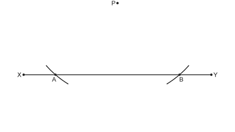 Straight line x-y with point P above the line and arcs crossing the line with centre P. T Points where the arc crosses the line are labelled A & B