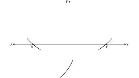 Straight line x-y with point P above the line and arcs crossing the line with centre P. T Points where the arc crosses the line are labelled A & B. Arc below the line with centre A