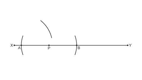 Horizontal line X-Y and point, P on the line. Arcs cross line with centre P and crossing points labelled A & B