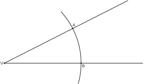 Two lines meeting at point V. Arc crossing both lines with centre V and point A and B where it crosses lines