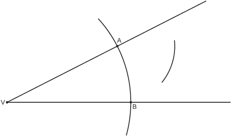 Two lines meeting at point V. Arc crossing both lines with centre V and point A and B where it crosses lines. Arc drawn with centre point A