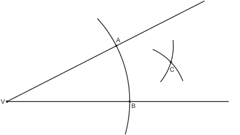 Two lines meeting at point V. Arc crossing both lines with centre V and point A and B where it crosses lines. Arc drawn with centre point A crossed by second arc centre point B, labelled C